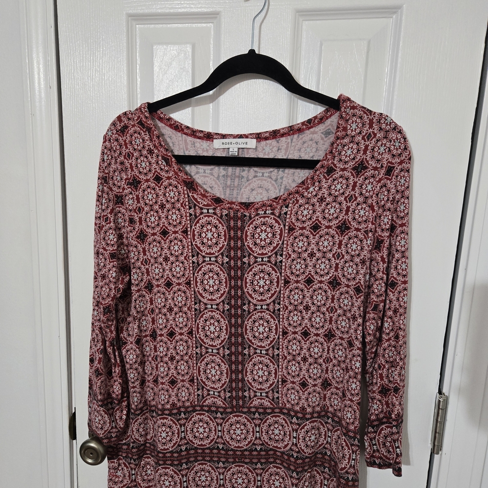 ROSE + Olive Red and Black Geometric Top